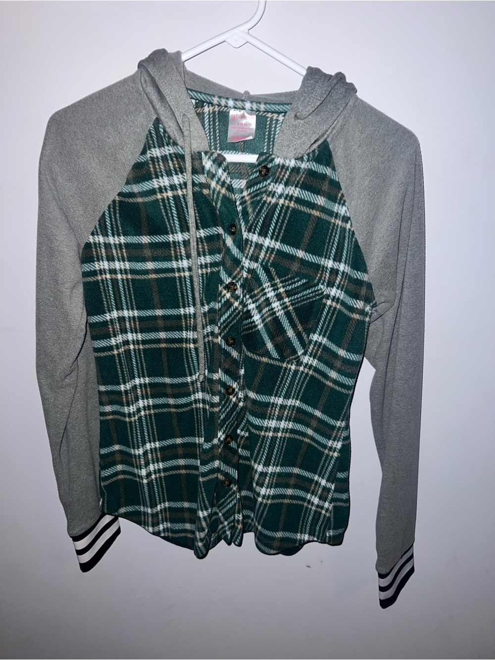 No Boundaries Green Plaid Hooded Button-Up with Gray Raglan Sleeves